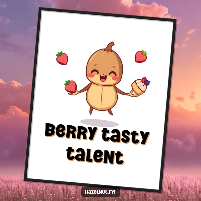 Funny, mischievous hazelnut juggling three tiny berry pastries, presented as a high-resolution digital art print for charming decor.