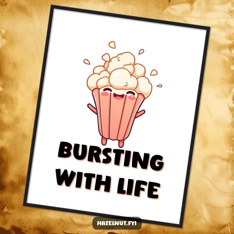 Funny digital art print of a cheerful popcorn kernel exploding upwards with a wide, delighted smile, a dynamic and humorous graphic.