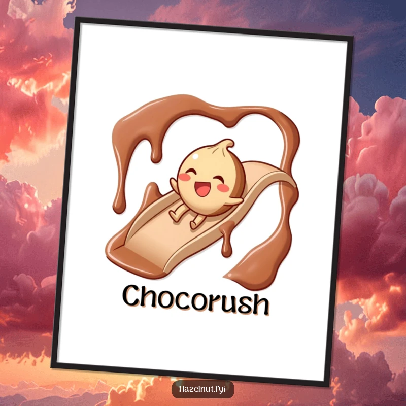 Funny Chocolate Slide Hazelnut Digital Art Print, a giggling hazelnut character joyfully sliding down a chocolate syrup slide.