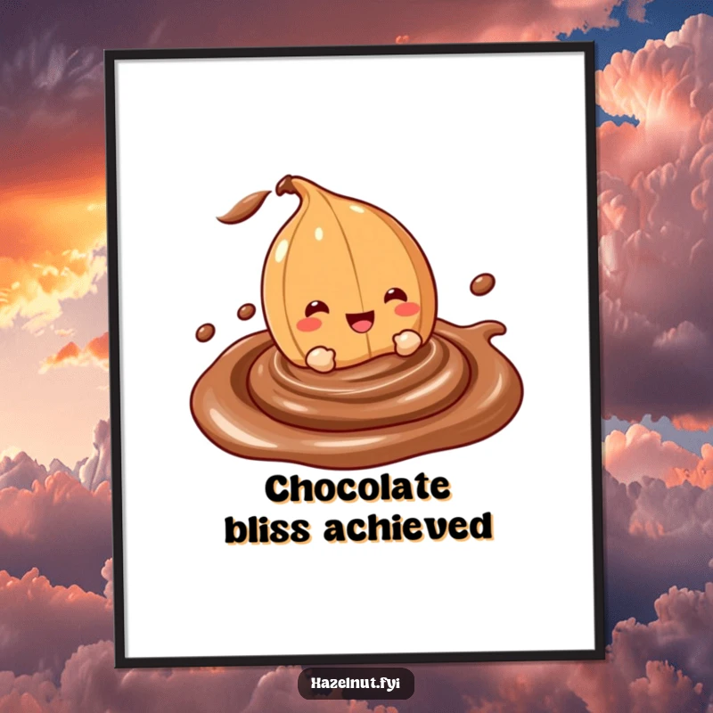Funny digital art print of a cheerful hazelnut character happily diving into a creamy, swirling chocolate dip, perfect for instant decor.