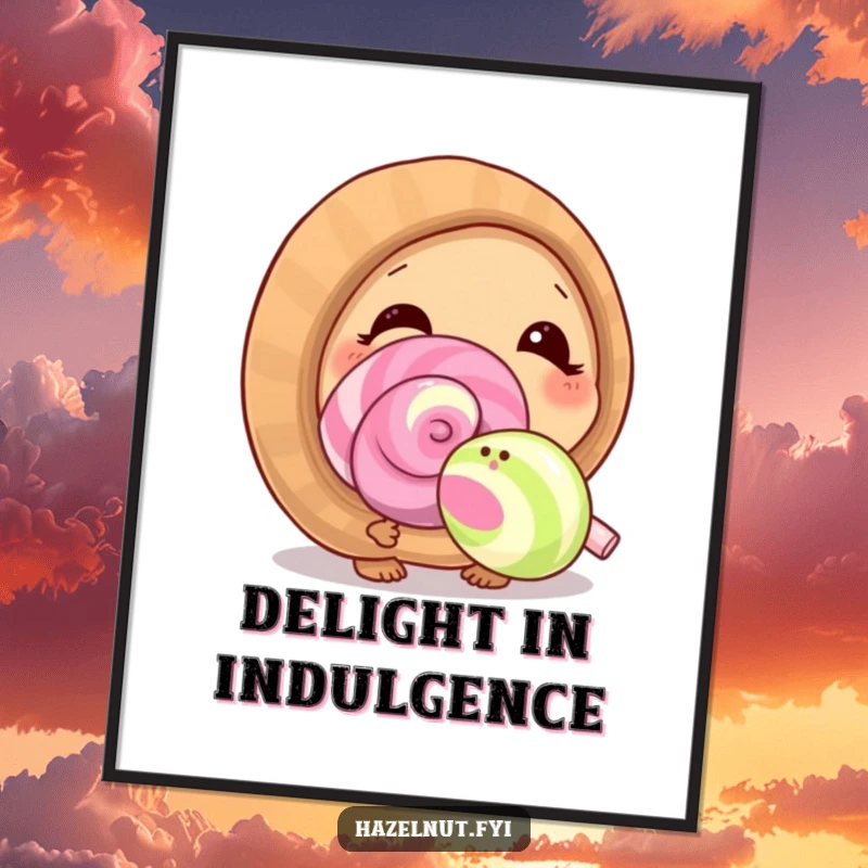 Sweet funny hazelnut character curiously sniffing a giant lollipop, perfect as a digital art print for delight.