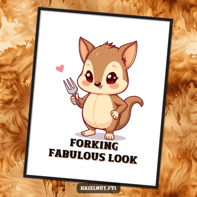 Funny digital art print of a stylish hazelnut striking a pose with a tiny fork, perfect for chic decor.