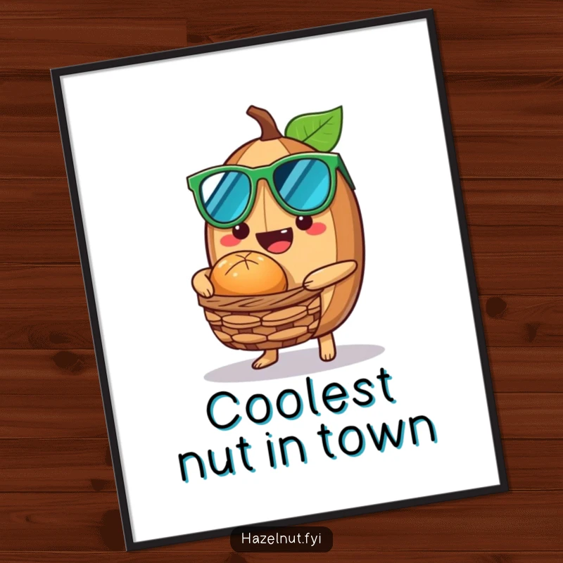 Funny Hazelnut Digital Art Print of a hazelnut wearing sunglasses offering a nutty treat from a tiny basket, exuding cool charm.