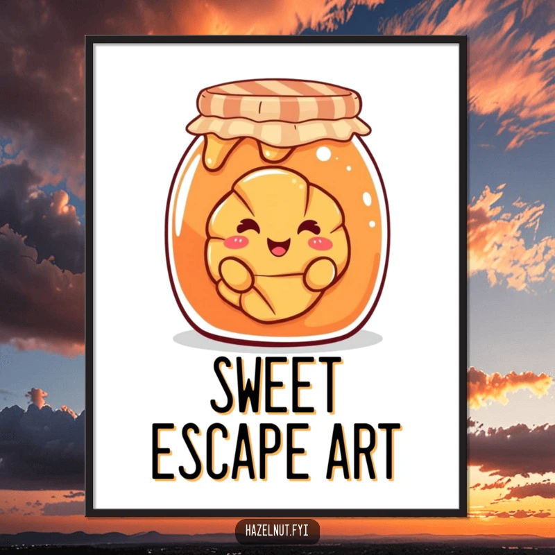 Funny digital art print of a smiling croissant playfully peeking out from a large jam jar, a whimsical and delightful graphic.