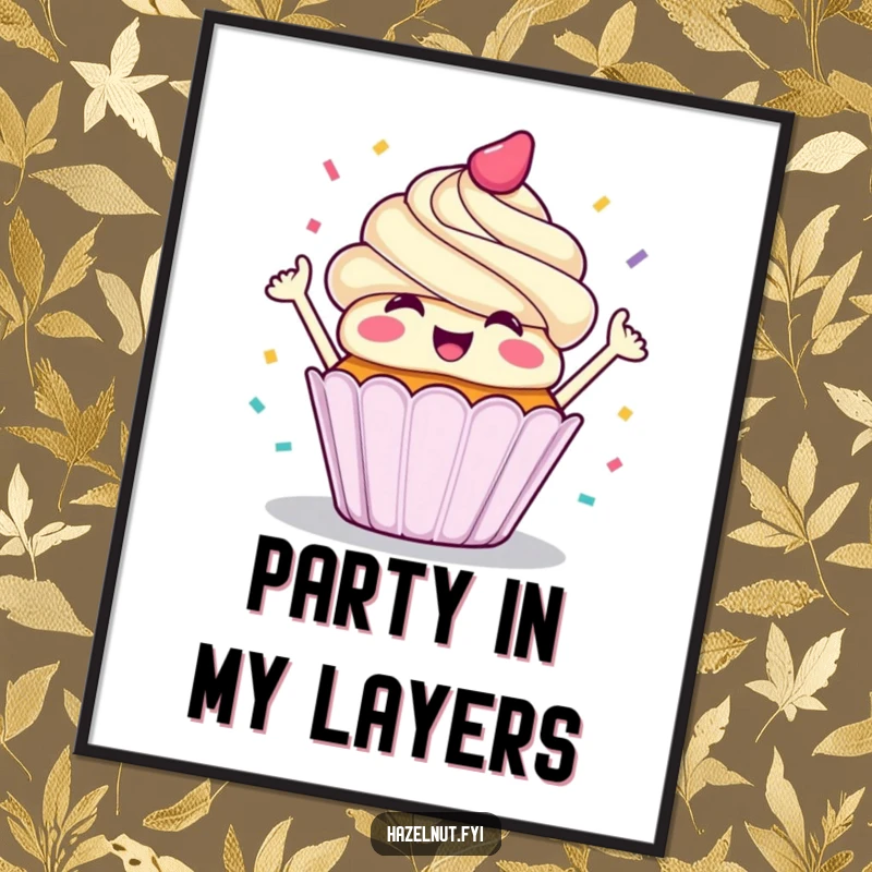 Funny digital art print of a delighted cupcake joyfully throwing confetti, bringing instant party vibes.