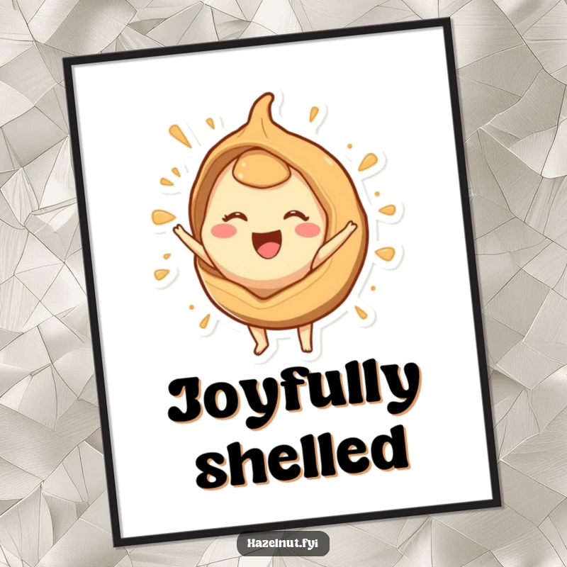 Funny digital art print of a happy hazelnut character bursting from a stylized shell, perfect for immediate humorous decoration.