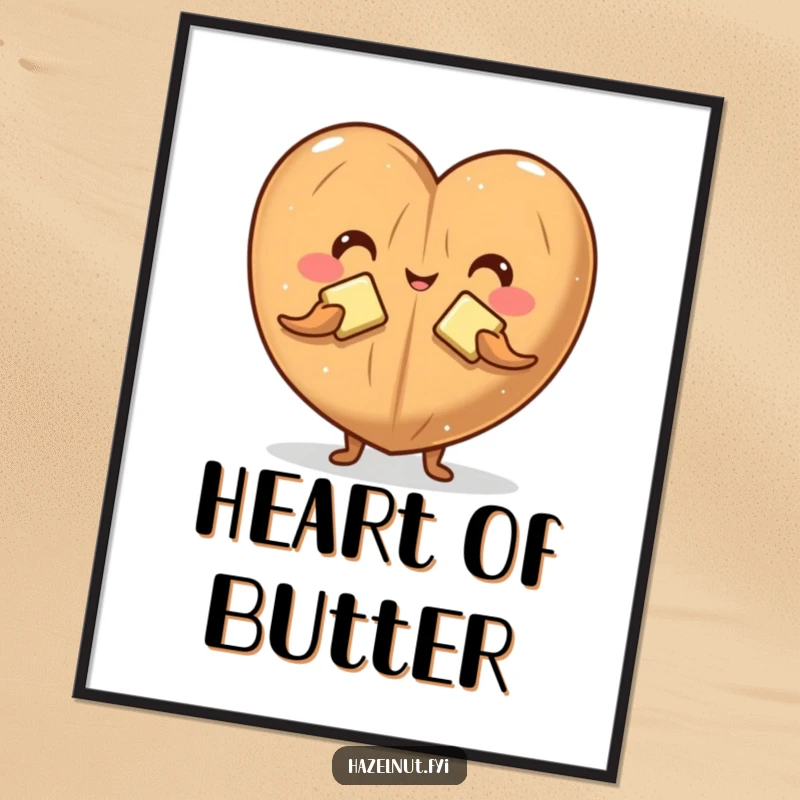 Funny digital art print of a playful hazelnut character making a heart with butter pats, perfect for immediate humorous decoration.