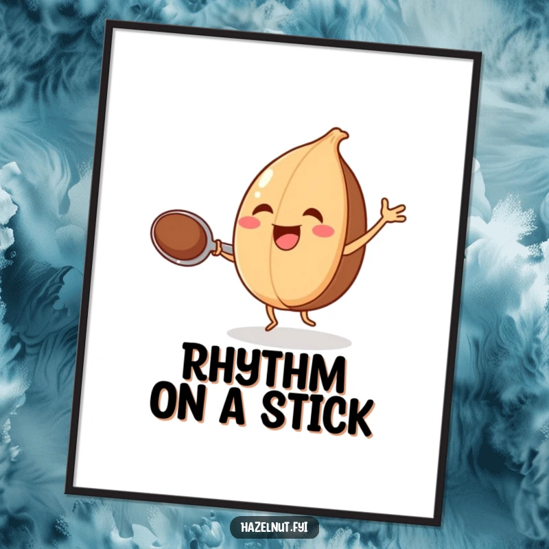Funny digital art print of a joyful hazelnut dancing with a spoon, perfect for kitchen-themed decor.