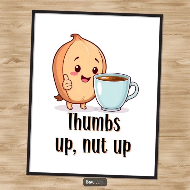 Funny Digital Art Print: A happy hazelnut gives a thumbs up beside a steaming cup, downloadable art for cheer.