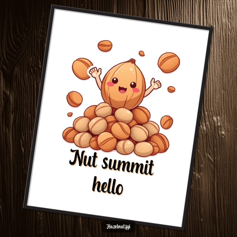 Funny Hazelnut Digital Art: a cheerful hazelnut with tiny arms waving from a pile of roasted nuts, downloadable funny gift.