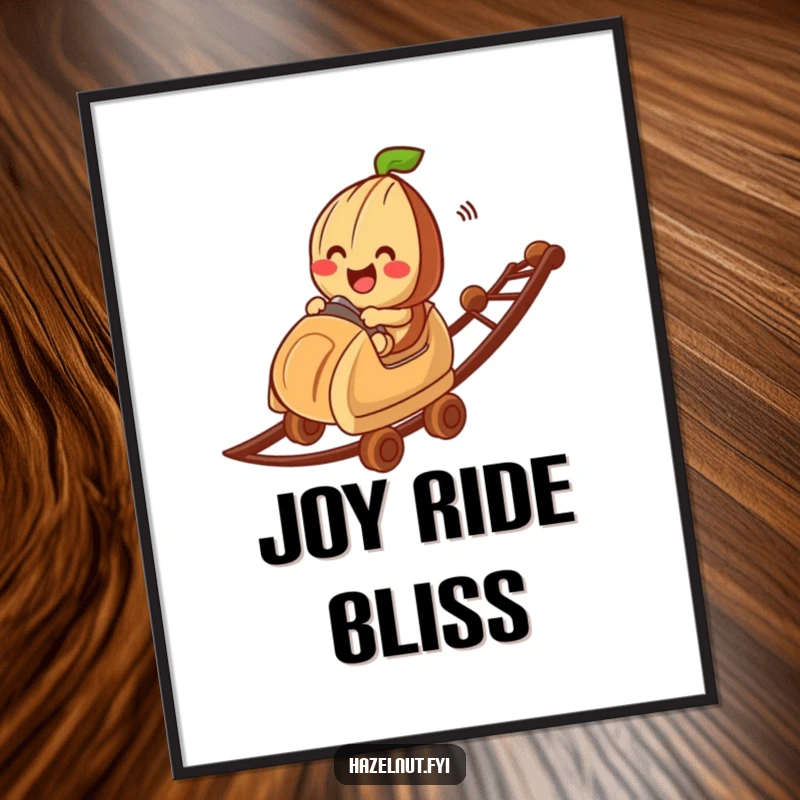 Funny hazelnut character riding a chocolate bit roller coaster, as a digital art print, bringing instant humor and joy to any space.