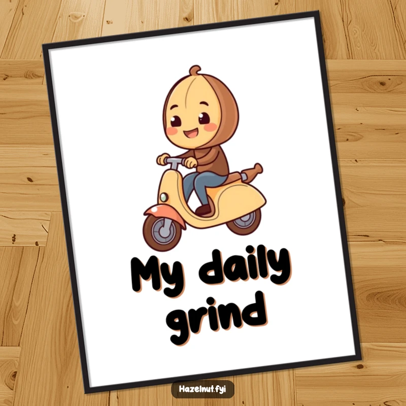 Funny Hazelnut Scooter Digital Art Print showcases a happy hazelnut on a rolling pin, ready to bring laughter to your home.