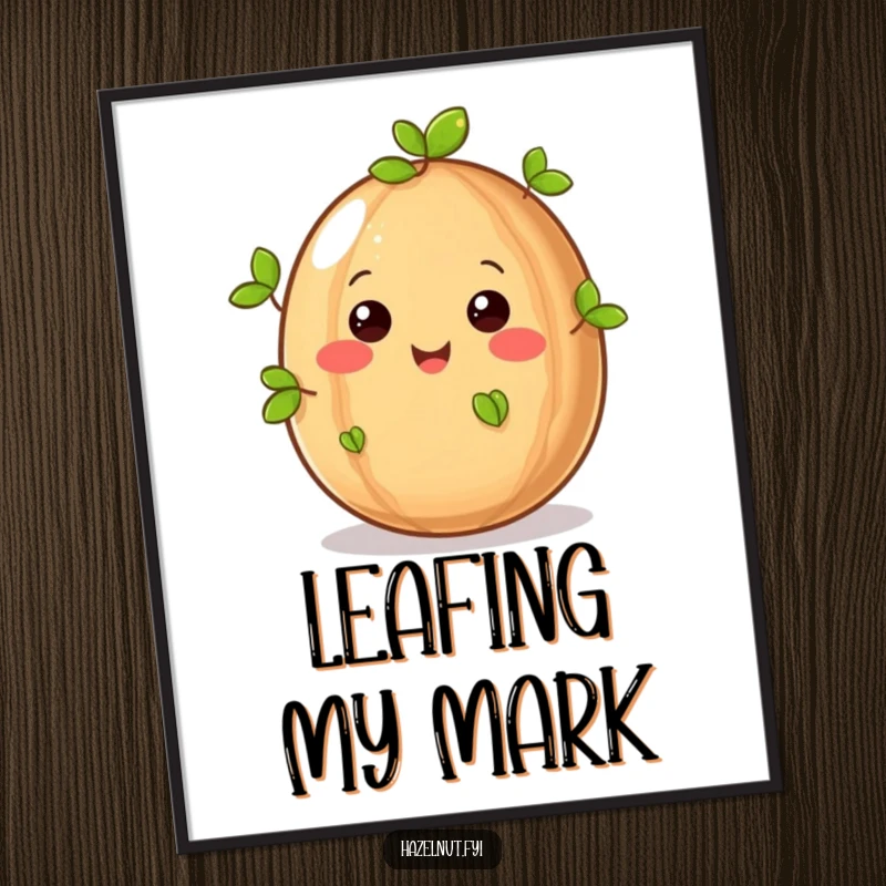 Funny smiling hazelnut with tiny green leaves sprouting, a high-resolution digital art print for instant cheerful and natural decor.