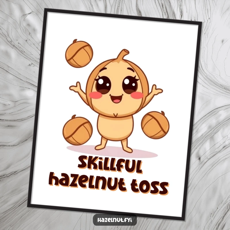 Funny Juggling Hazelnut Digital Art: A smiling character with big eyes playfully juggling hazelnuts, perfect for whimsical decor.