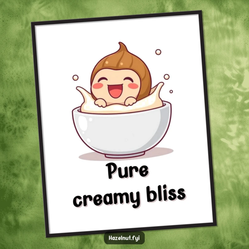 Funny digital art print of a laughing hazelnut splashing in cream, celebrating joy and playfulness, ideal for humorous wall decor.