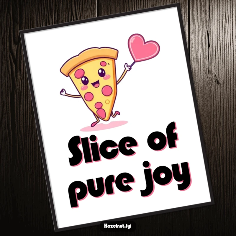 Funny digital art print of a silly slice of pizza dancing with a candy heart, perfect for wall decor.