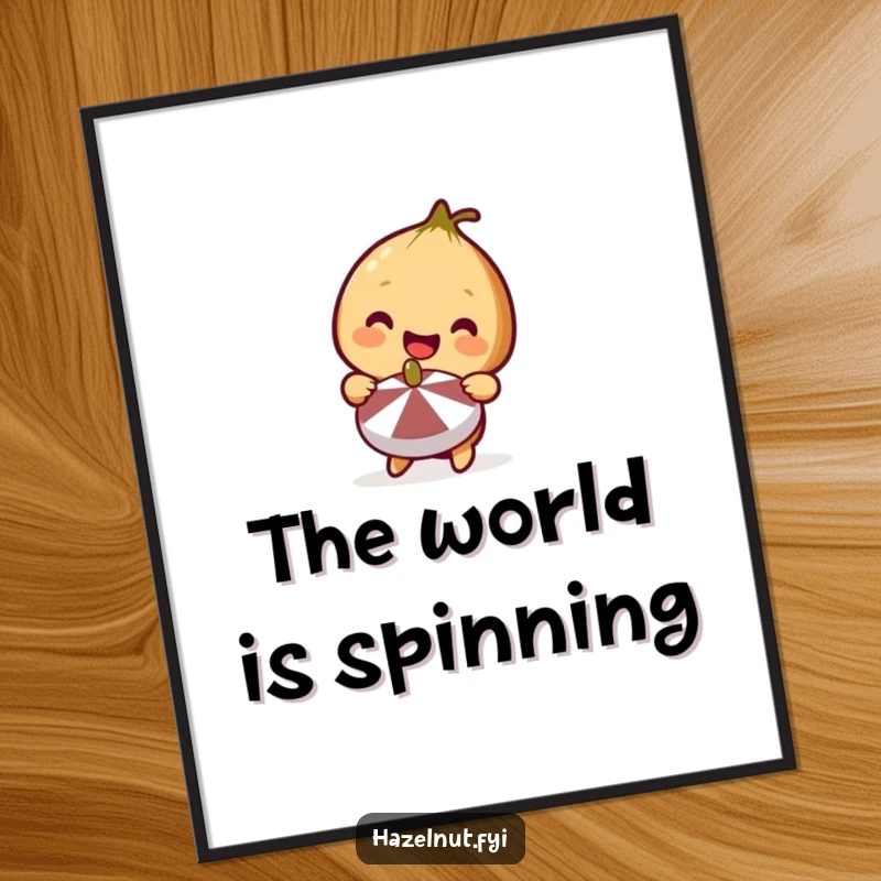 Funny Hazelnut Digital Art Print of a cute hazelnut with a big smile holding a miniature spinning top, radiating pure playful joy.
