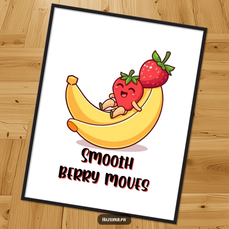 Funny digital art print of a strawberry comically zipping down a banana peel slide, instantly adding humor to any room.