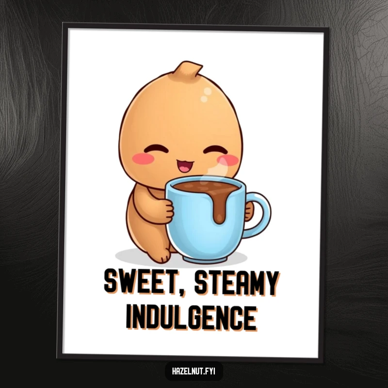Funny digital art print of a delighted hazelnut winking coyly while holding a tiny, steaming mug of hot chocolate, radiating warmth and comfort.