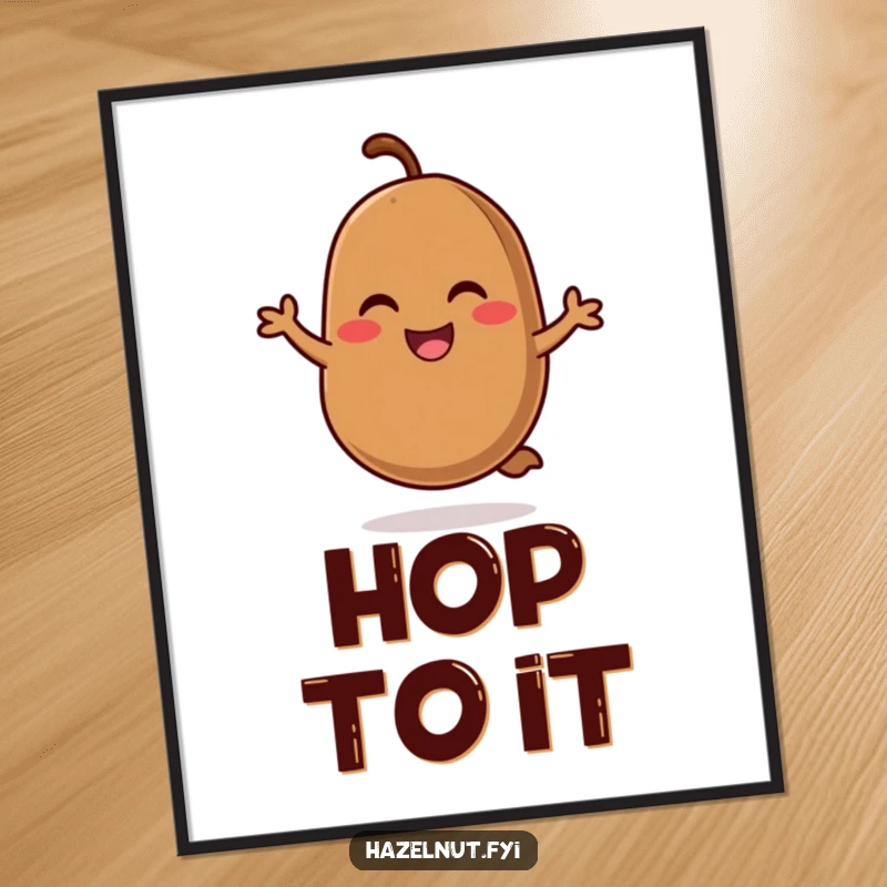 Funny digital art print of a smiling, rosy-cheeked coffee bean in a cheerful hop, perfect for instant wall decor.