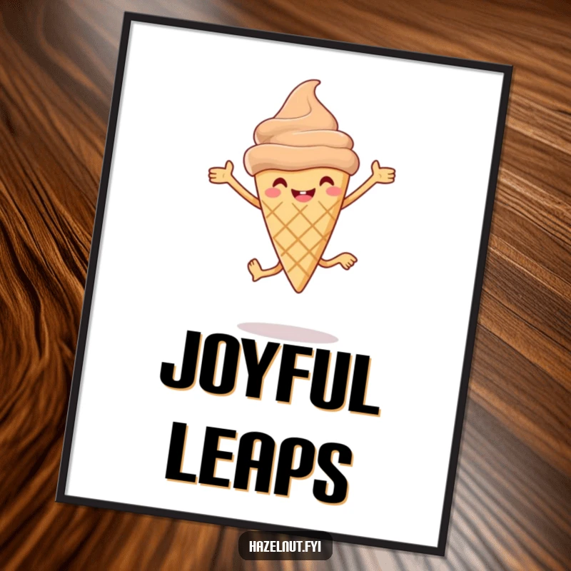 Funny Hazelnut ice cream cone digital art print with tiny legs leaping joyfully, offering instant hilarious decor.