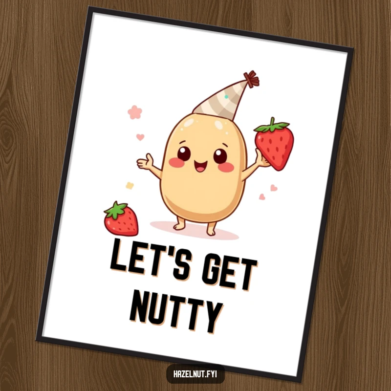 Funny hazelnut character digital art print, wearing a tiny party hat and boogying with a strawberry slice, cheerful and humorous wall art.