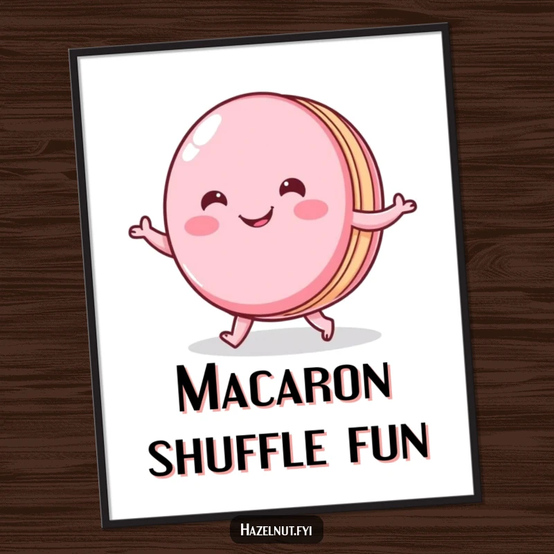 Funny digital art print of a cheerful macaron with a wide smile doing a little shuffle, perfect for instant chic decor.
