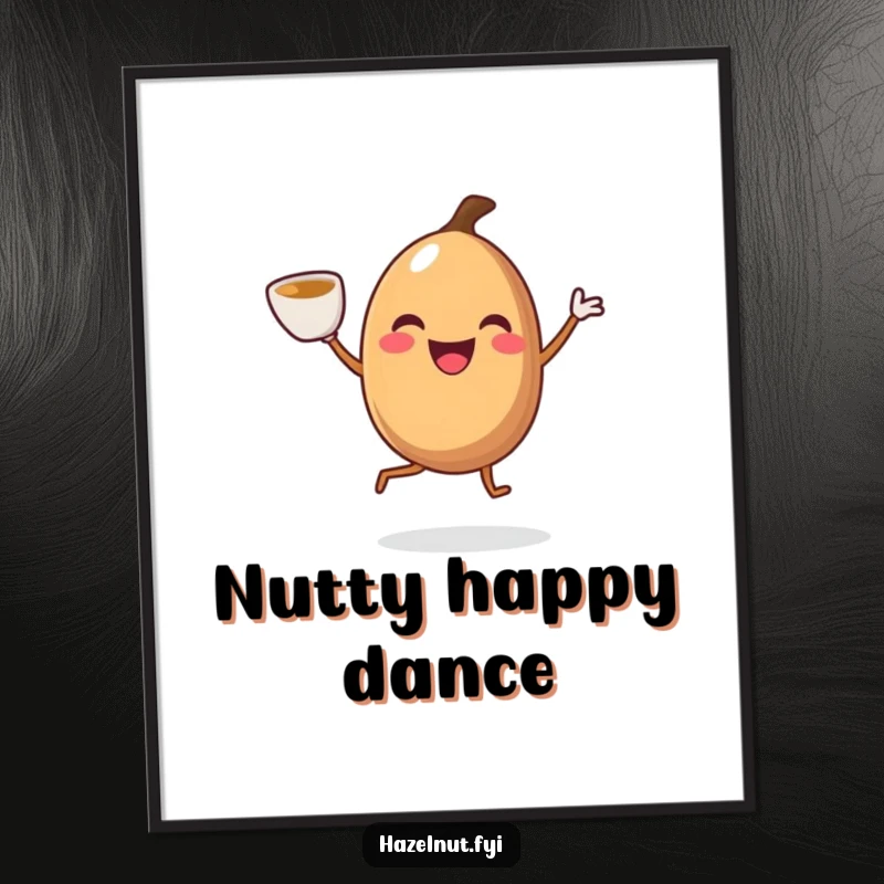Smiling hazelnut with legs doing a joyful jig with a coffee cup, as a digital art print, for witty and energetic online decor.