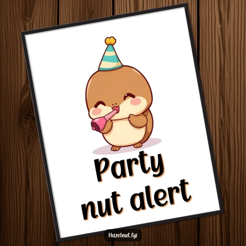 Funny digital art print of a cute kawaii hazelnut in a party hat blowing a noisemaker with enthusiasm.