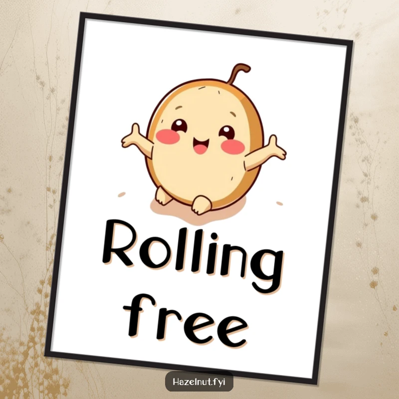 Funny hazelnut digital art print with arms outstretched, rolling downhill joyfully, for instant hilarious freedom.