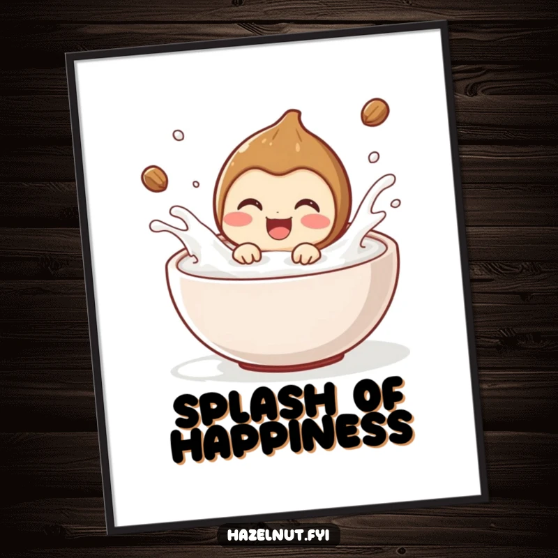Funny hazelnut character delighted, splashing joyfully in milk - downloadable digital art print for instant fun. Excellent funny gift.