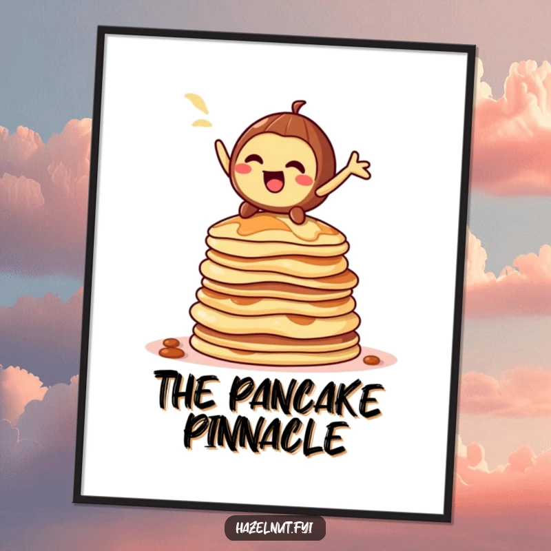 Funny hazelnut character digital art print, striking a dramatic pose on a towering stack of pancakes, bold and humorous wall art.