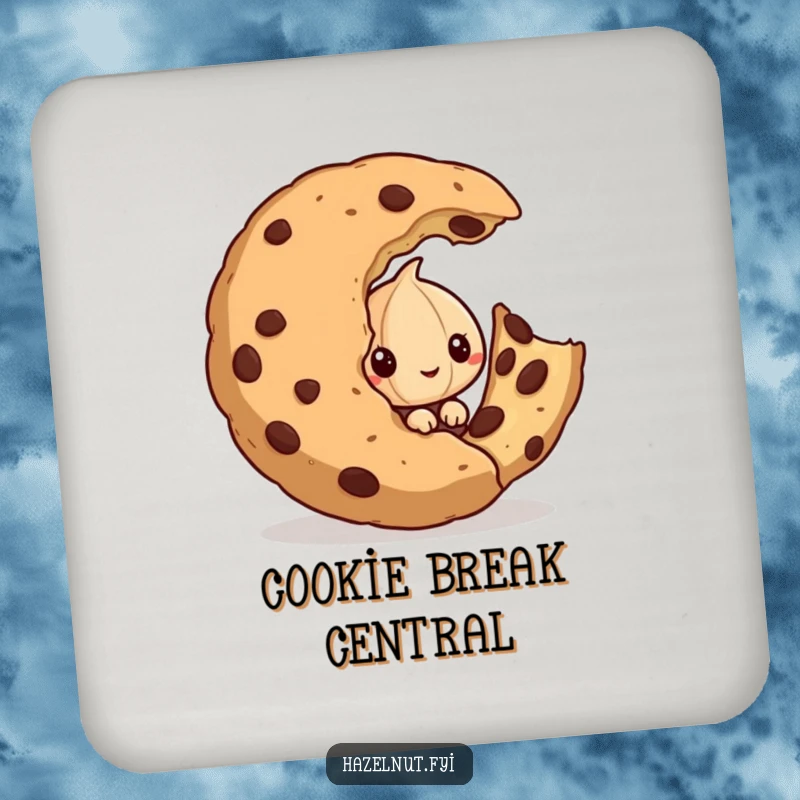 Funny drink coaster featuring a mischievous hazelnut peeking from behind a huge half-eaten cookie, protecting tables with humor.
