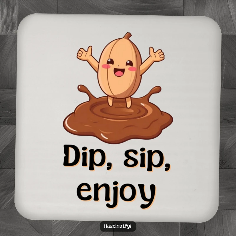 Funny Hazelnut Chocolate Leap Coaster: A joyful hazelnut plunges into chocolate, perfect for a humorous tabletop.