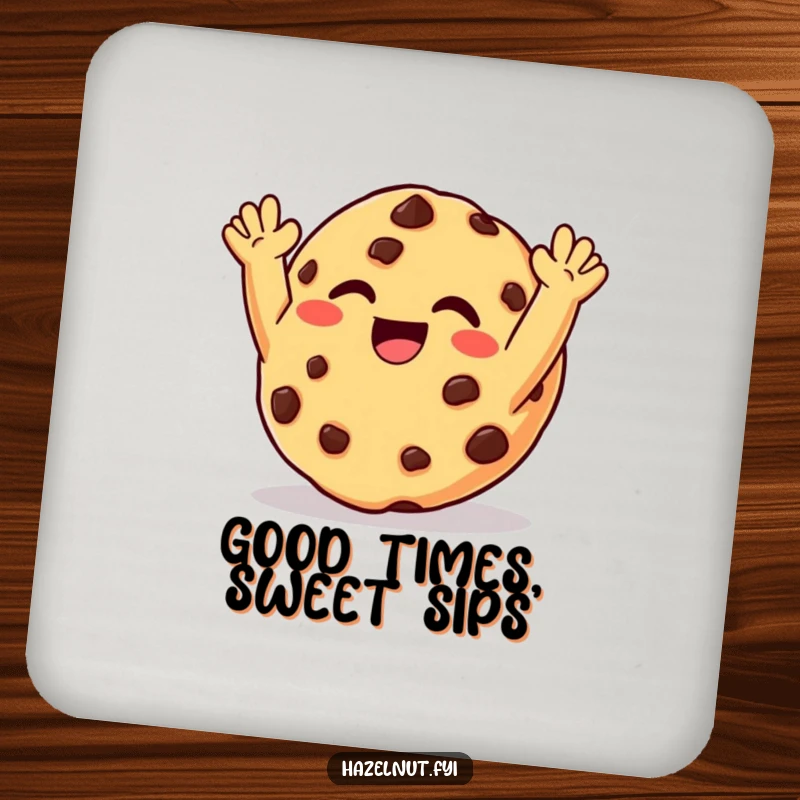 Funny coaster featuring a giggling chocolate chip cookie with arms raised in delight, protecting surfaces with sweetness.