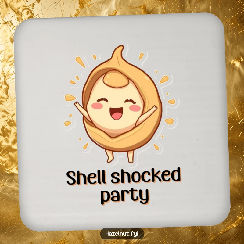 Funny drink coaster with a joyous hazelnut character bursting from a shell, adding energetic humor to beverage service.