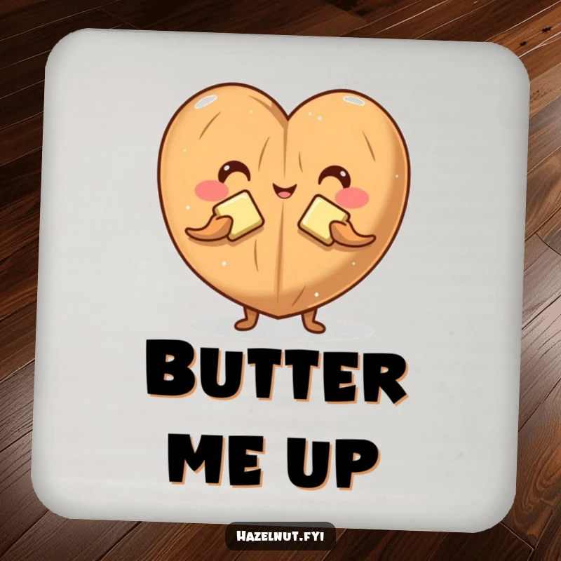Funny drink coaster with a hazelnut character forming a heart out of butter, adding a humorous touch to beverage service.