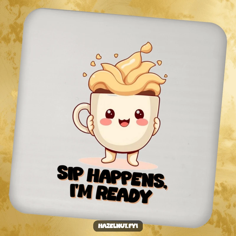 Funny Drink Coaster featuring a cheerful kawaii hazelnut character holding a ridiculously large, overflowing coffee cup, adding humor to any surface.