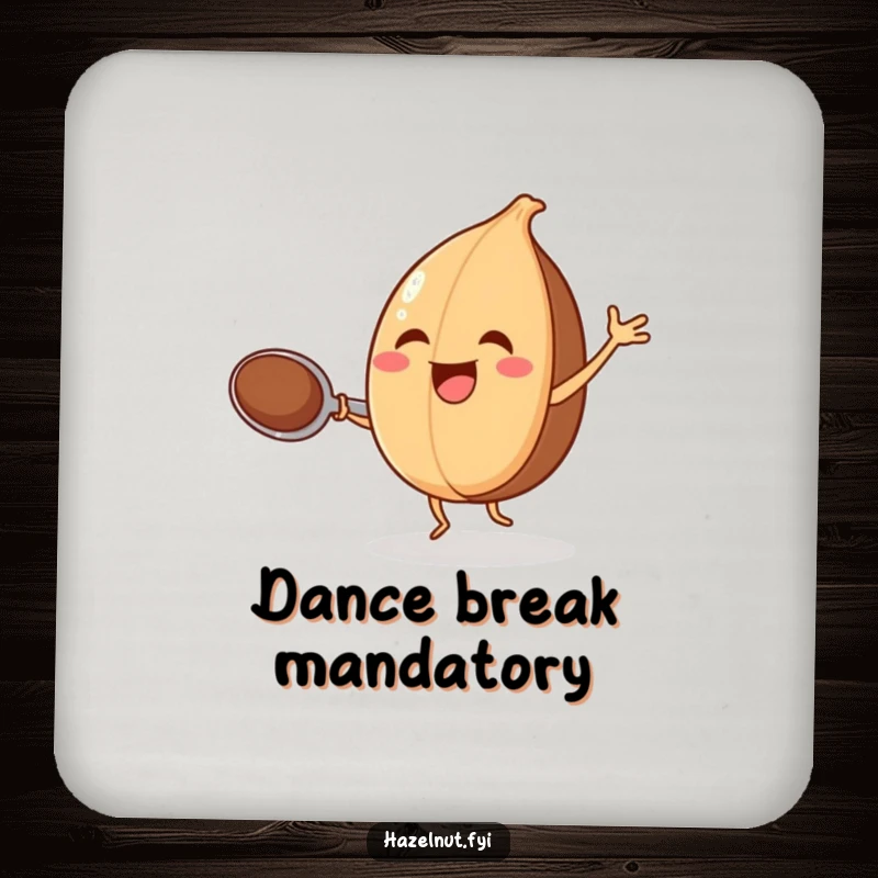 Funny drink coaster with a joyful hazelnut dancing with a spoon, for stylish surface protection.