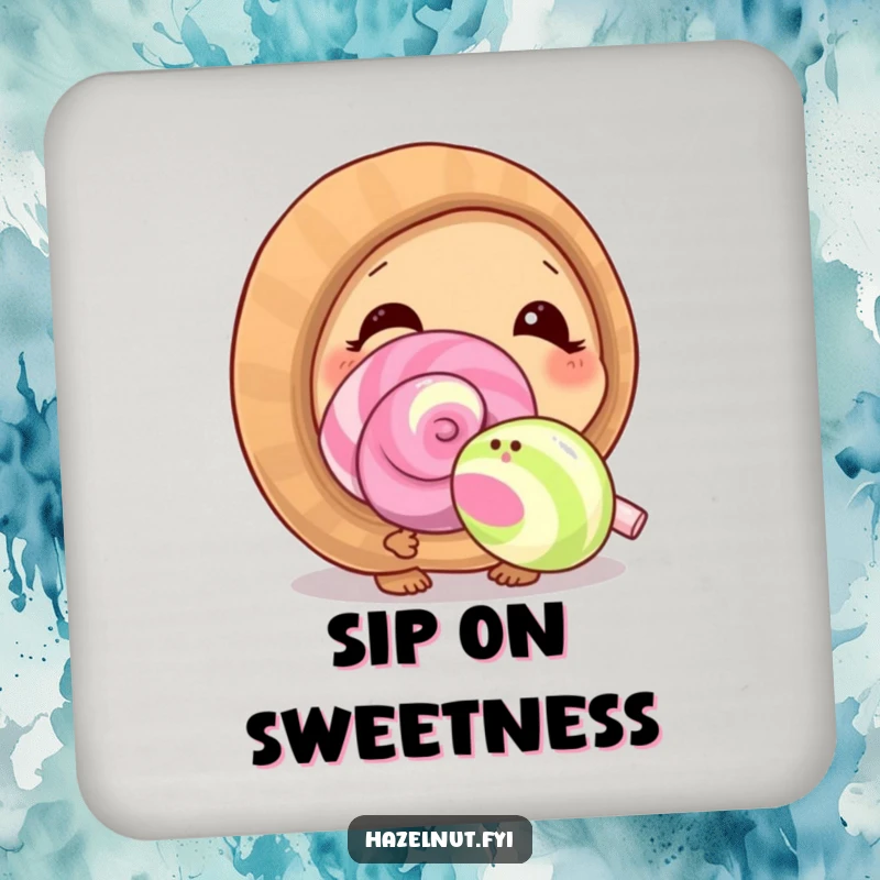 Funny hazelnut character curiously sniffing a giant lollipop on a drink coaster, adding sweet charm.