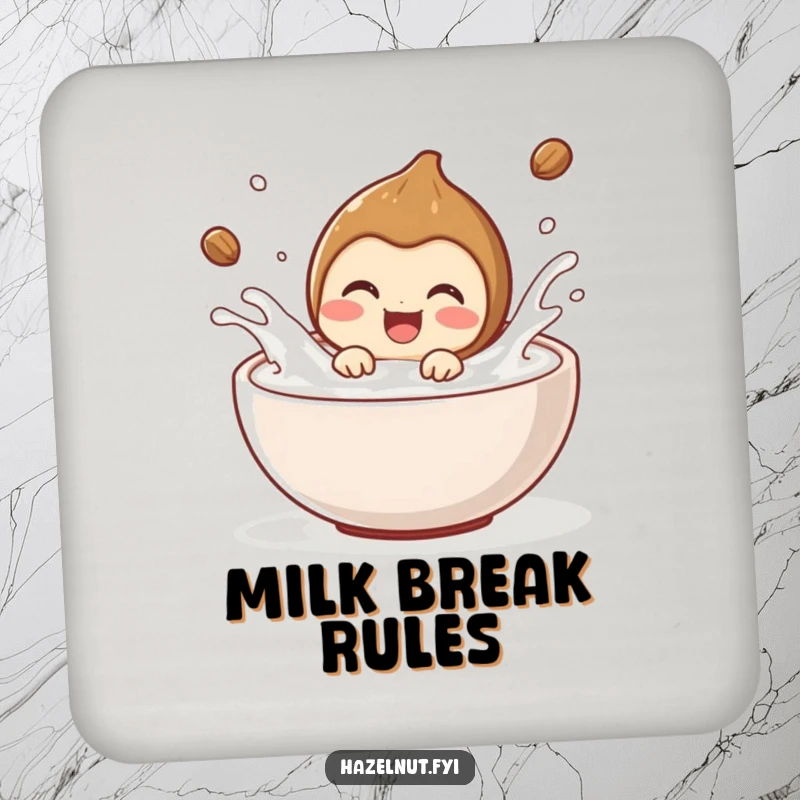 Funny hazelnut character delighted, splashing joyfully in milk, as a protective drink coaster. Great funny gift.