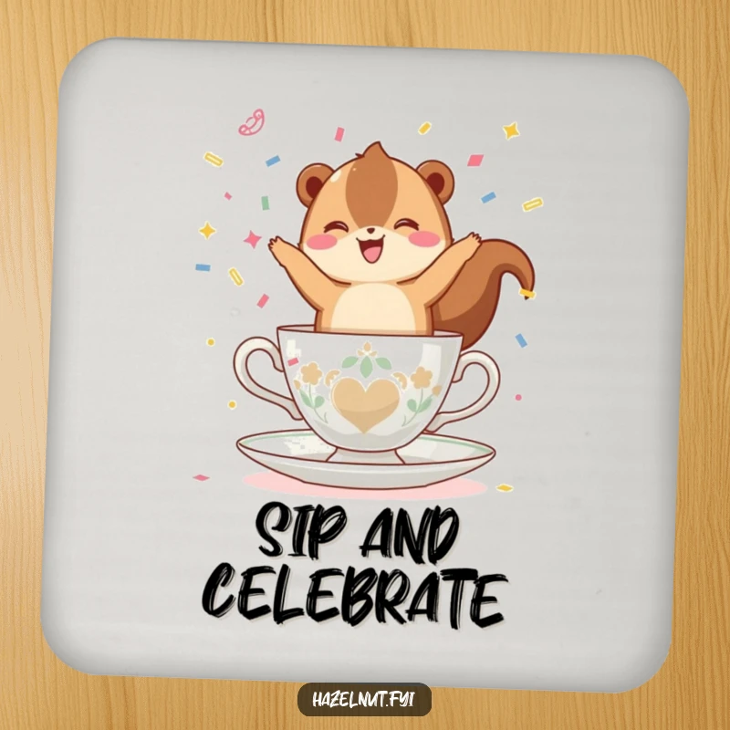 Funny, happy hazelnut balancing on a teacup, throwing confetti, depicted on a functional drink coaster, adding festive charm.