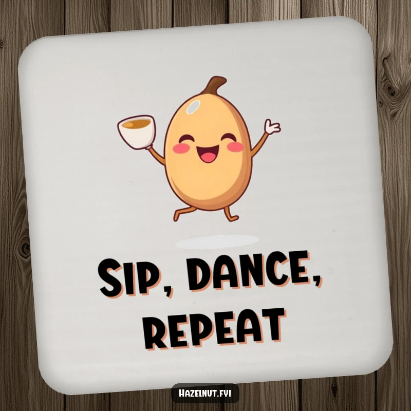 Funny smiling hazelnut with legs doing a joyful jig with a coffee cup, on a drink coaster, protecting surfaces with energetic charm.