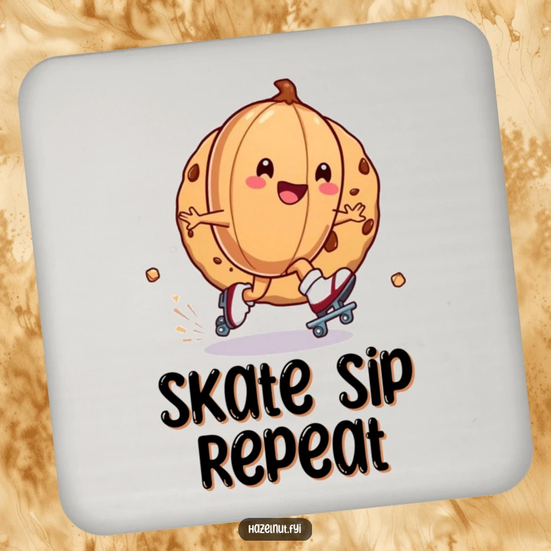 Funny coasters featuring a hazelnut on roller skates zipping around a cookie, protecting surfaces with a humorous and energetic design.
