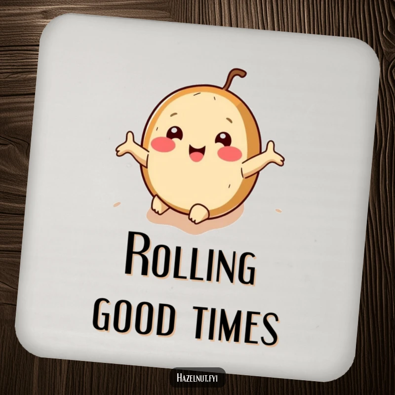 Funny hazelnut coasters with arms outstretched, rolling downhill joyfully, adding hilarious protection to tables.