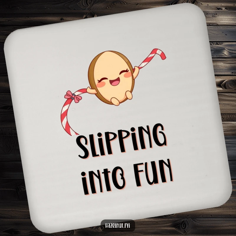 Funny Sliding Hazelnut Coaster: A giggling character with a mischievous grin sliding down a licorice rope, perfect for protecting tables.