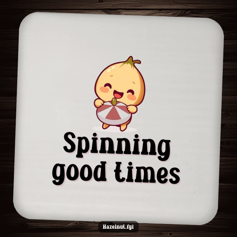 Funny Hazelnut Coaster featuring a cute smiling hazelnut holding a miniature spinning top, perfect for any beverage.