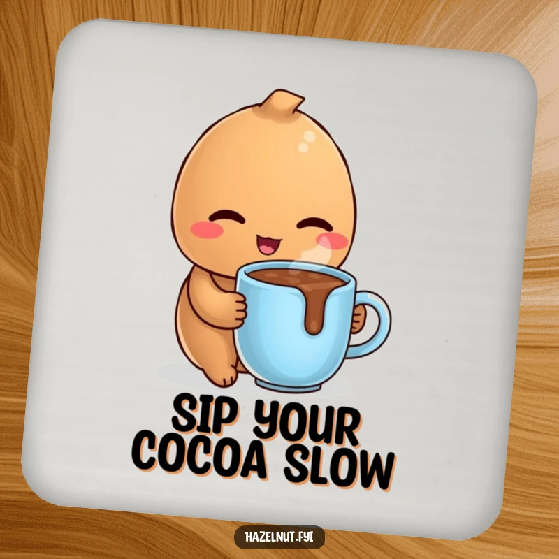 Funny drink coaster with a delighted hazelnut winking coyly while holding a tiny, steaming mug of hot chocolate, offering cozy protection.