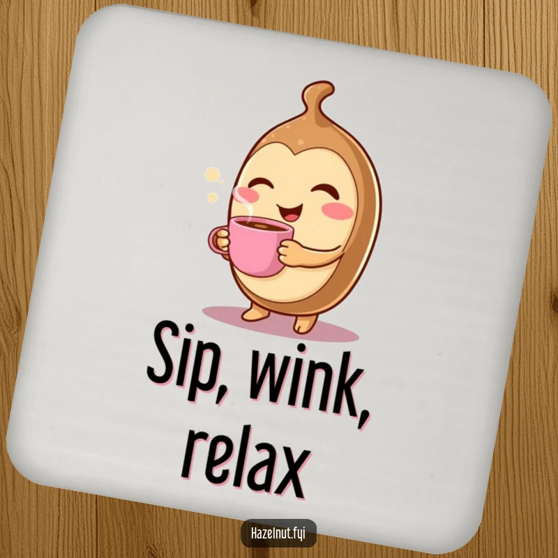 Funny Winking Hazelnut Coaster: A cheerful character winks while holding a tiny, steaming coffee cup, perfect for protecting tables.