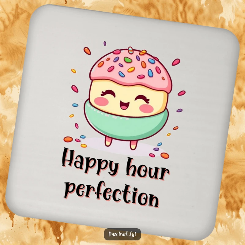 Funny drink coaster featuring a happy macaroon giggling while juggling colorful candy sprinkles, a cute and protective accessory.